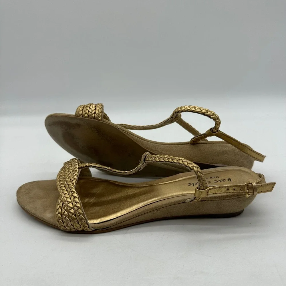 Kate Spade New York Womens Size 8.5M Gold Metallic Braided Strappy Wedge Sandals